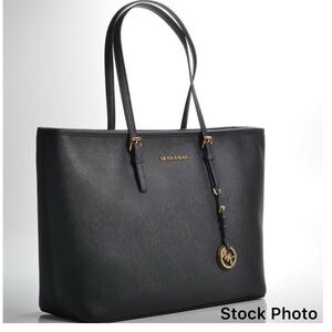 Michael Kors Jet Set Travel Tote Black Saffiano Leather Zipper Top Handbag